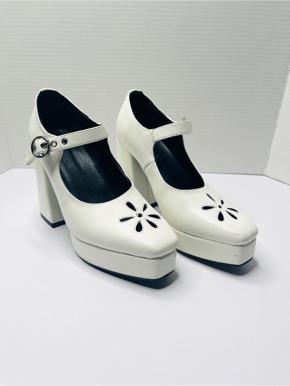 White Mary Jane Platform Heels with Floral Cutouts